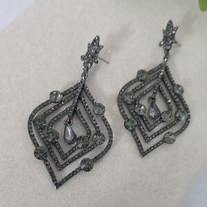 Gunmetal Glass Stone Chandalier Dangle Statement Earrings